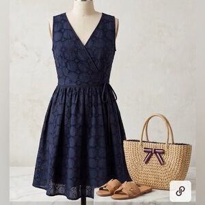 Tommy Hilfiger Navy Blue Eyelet Lace Wrap Fit & Flare Dress Sleeveless Size 4